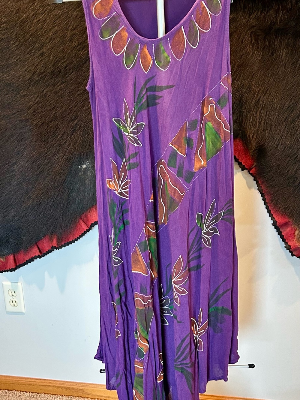 Purple Floral Maxi Dress with Green & Orange Accents OS